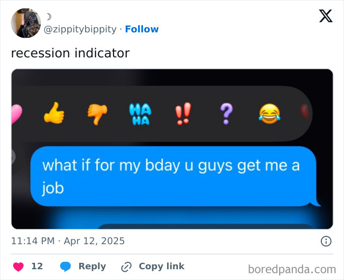 Text message humorously suggests a job as a birthday gift, highlighting recession indicator.