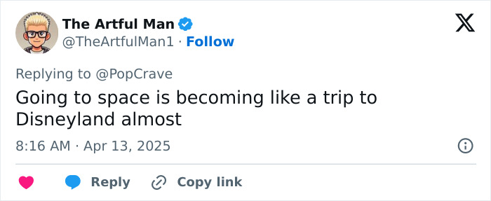 Tweet by The Artful Man about space travel, comparing it to Disneyland.