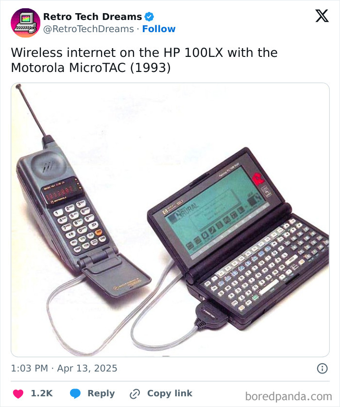 Retro tech showing a Motorola MicroTAC connected to an HP 100LX for wireless internet in 1993.