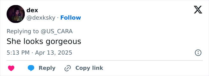 Tweet complimenting Cara Delevingne's transformation at Coachella 2025.