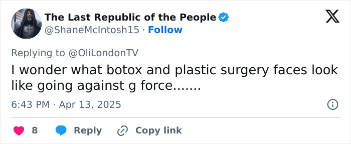 Tweet pondering effects of fillers and botox on faces during space travel.