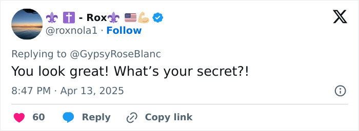 Comment on Gypsy-Rose's tweet about weight loss transformation. Comment on Gypsy-Rose's tweet about weight loss transformation.