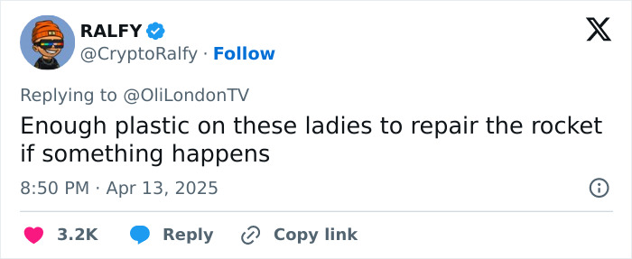 Tweet discussing Lauren Sanchez's filler in context of space mission with humorous intent.