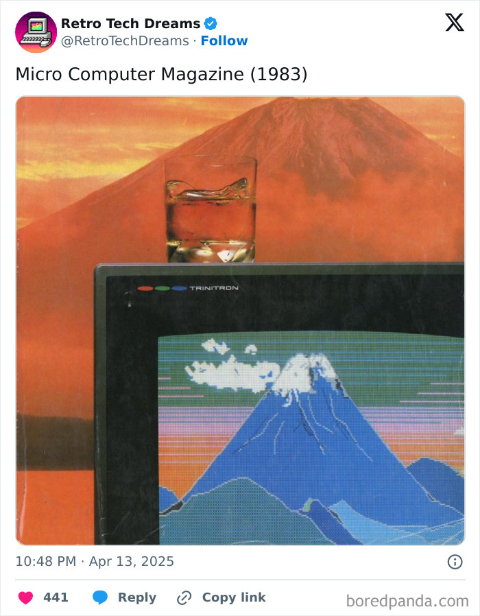 Retro tech: Trinitron screen displaying pixel art of Mount Fuji with a glass on top, from a 1983 magazine cover.