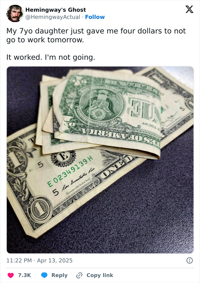 Four one-dollar bills on a table with a funny tweet from a parent about not going to work.