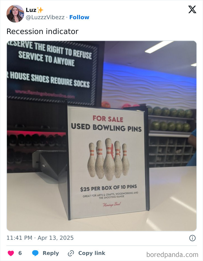 Used bowling pins for sale sign in store, a humorous recession indicator.