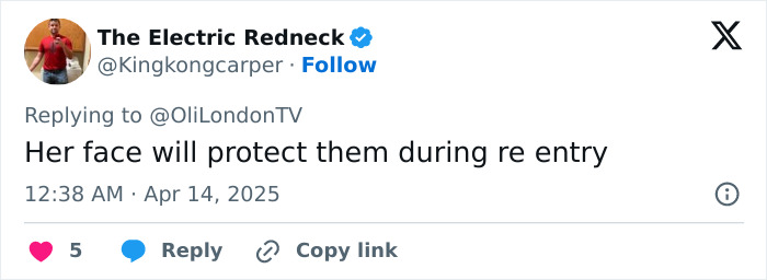 Tweet by The Electric Redneck on space mission effects on Lauren Sanchez's filler, timestamped April 14, 2025.