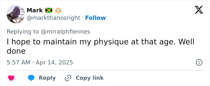 Social media post praising Ralph Fiennes' impressive physique transformation at age 62. Social media post praising Ralph Fiennes' impressive physique transformation at age 62.