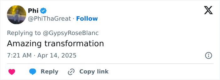 Comment on Gypsy-Rose Blanchard's weight loss transformation, stating "Amazing transformation. Comment on Gypsy-Rose Blanchard's weight loss transformation, stating "Amazing transformation.