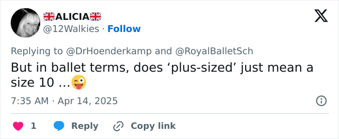 Social media post questioning what "plus-sized" means in ballet terms, referencing Royal Ballet School.
