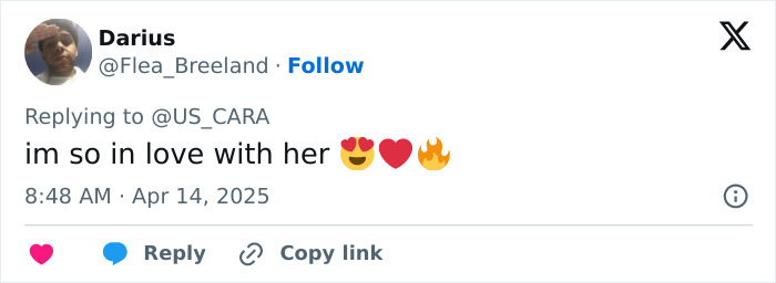 Tweet admiring Cara Delevingne's transformation at Coachella 2025 with heart and fire emojis.