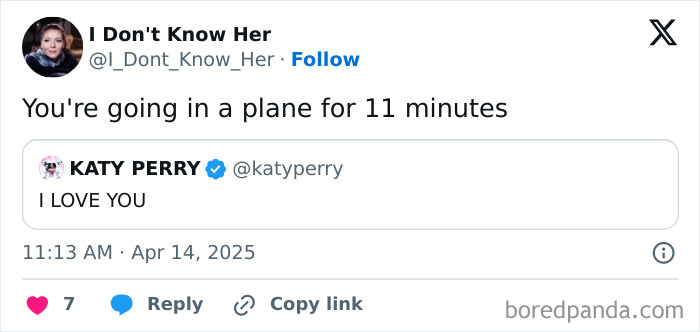 Tweet reacting to Blue Origin's galactic stunt with Katy Perry, mentioning an 11-minute plane ride.