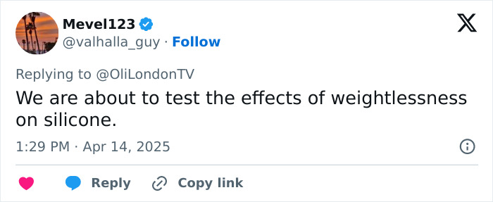 Tweet discussing the impact of weightlessness on silicone, related to Lauren Sanchez's space mission.