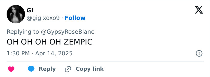 Tweet about Gypsy-Rose Blanchard mentioning "Zempic" after her 25-lb weight loss transformation. Tweet about Gypsy-Rose Blanchard mentioning "Zempic" after her 25-lb weight loss transformation.