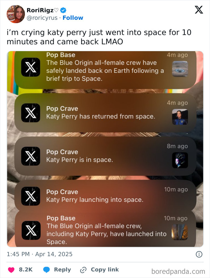 Notifications about a Blue Origin space trip with Katy Perry, highlighting the voyage's brevity and a quick return.