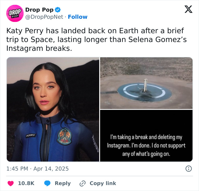 Katy Perry back on Earth after short space trip, image trio showing her in astronaut suit and spacecraft landing.