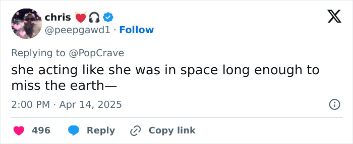 Tweet mocking Katy Perry's space trip reaction, suggesting an exaggerated experience after short flight.