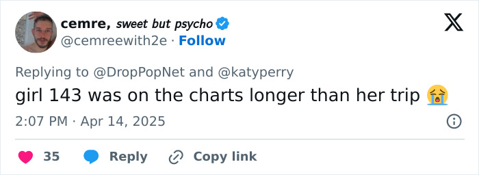 Tweet mocking Katy Perry's short space trip, comparing it to chart duration.