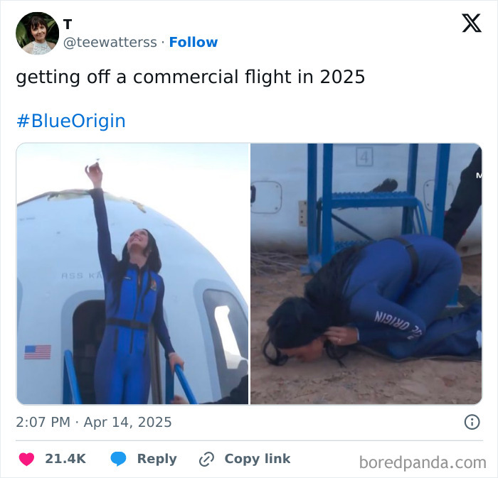 Two people in blue suits, one raising an arm beside a spacecraft, the other kneeling on the ground with "Blue Origin" text.