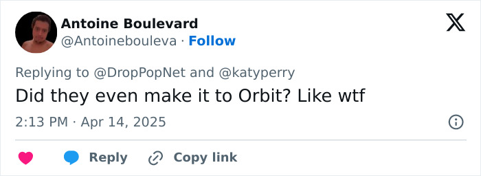 Tweet mocking Katy Perry's space trip, questioning if they reached orbit.