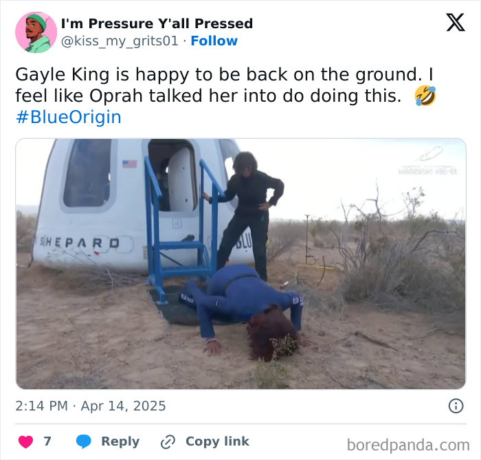 Blue Origin capsule landing; person kneeling on the ground, another standing by the hatch in a desert setting.