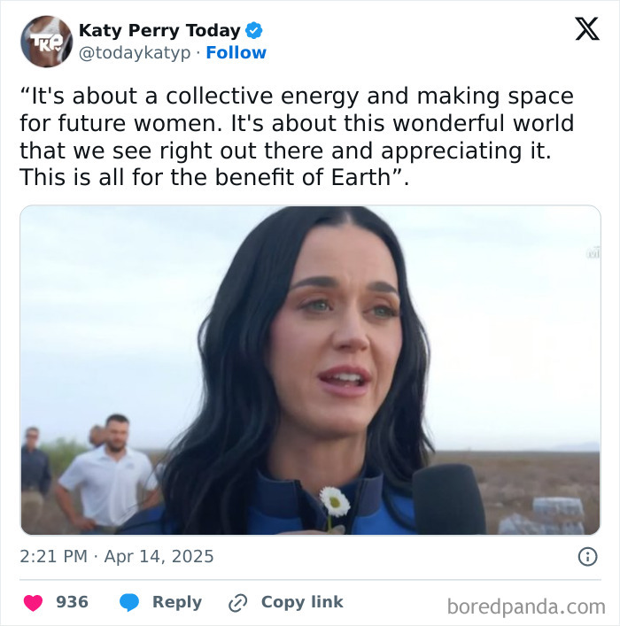 Katy Perry discussing Blue Origin spaceflight, emphasizing collective energy and Earth's future.