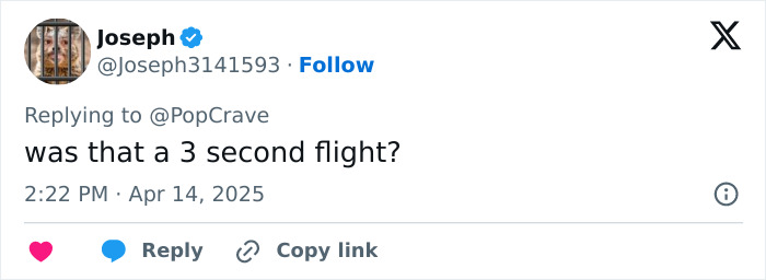 Tweet mocking Katy Perry's brief space trip, questioning its duration with humor.