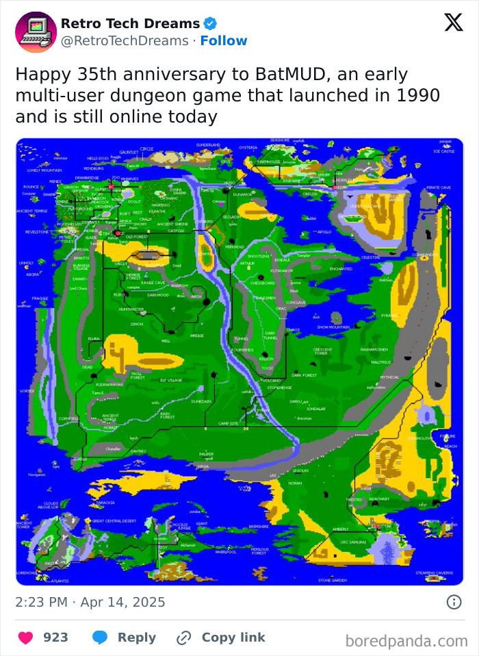 Retro tech map of BatMUD celebrating its 35th anniversary, highlighting nostalgic 1990-era game landscapes.