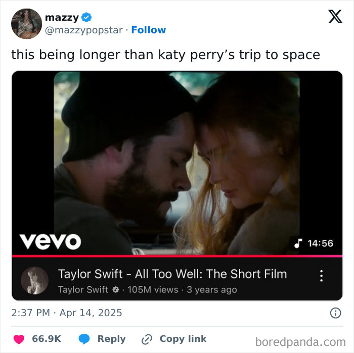 Taylor Swift's short film scene with reactions comparing it to the length of Katy Perry's space trip.