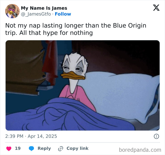 Cartoon duck in bed, tired expression, with text mockingly comparing nap length to Blue Origin ride hype.