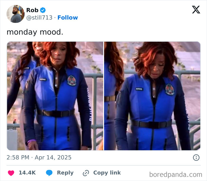 Woman in blue jumpsuit with "Monday mood" caption, featured in funniest tweets of the month.
