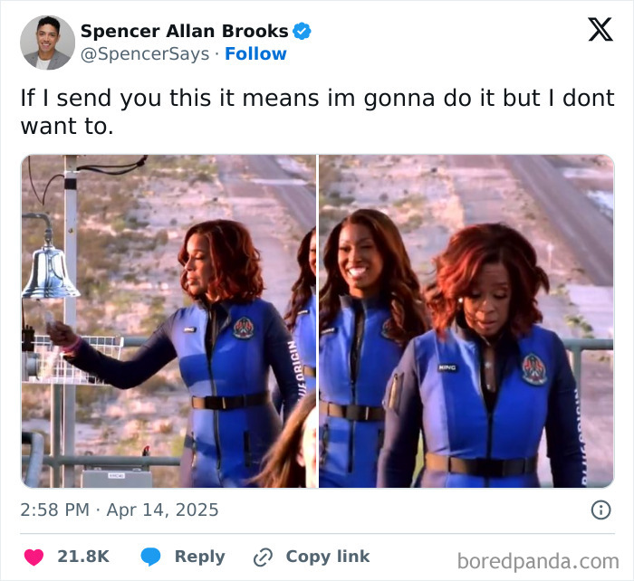 People in blue flight suits laugh at "amusement park ride for the rich" reference during Blue Origin event.