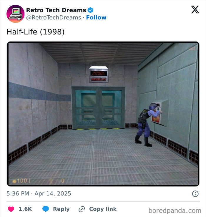 Retro tech: A game scene from Half-Life (1998) showing a character interacting with a control panel in a secured area.