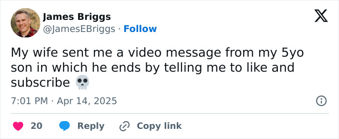 Tweet about a father getting a funny video from his 5-year-old son saying "like and subscribe," humorously shared by parents.