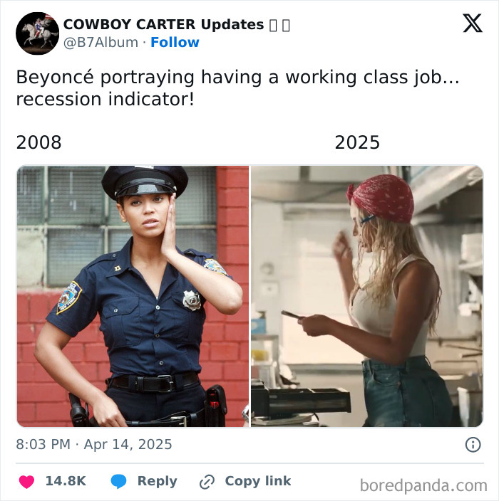 Two images depict a celebrity in working-class roles, humorously suggested as recession indicators.