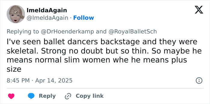 Tweet criticizing the Royal Ballet School for including plus-size dancers, mentioning thinness of ballet dancers backstage.