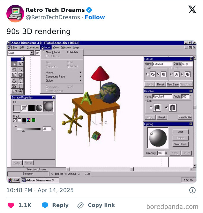 Retro technology interface showing a 90s 3D rendering software with various colorful geometric shapes.