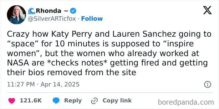 Tweet criticizing Blue Origin's PR stunt with Katy Perry as an amusement park ride for the rich.