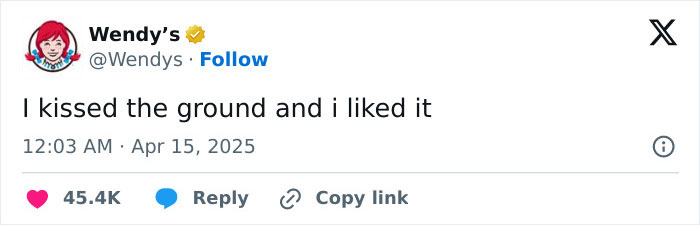 Wendy's tweet mocking Katy Perry with "I kissed the ground and I liked it," gaining massive support for her.