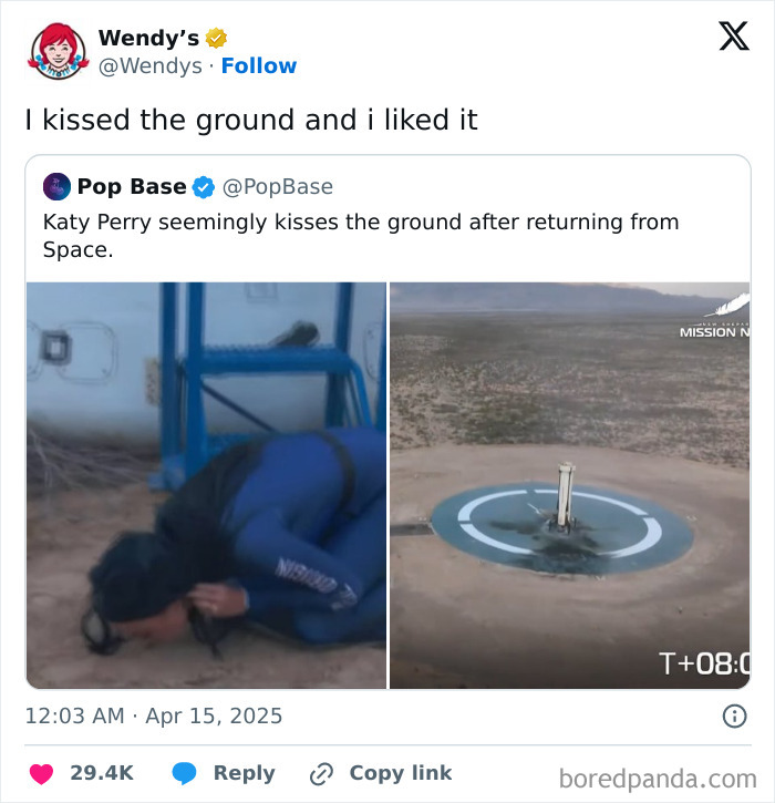 Katy Perry kisses the ground post Blue Origin space ride; pop culture reacts humorously.