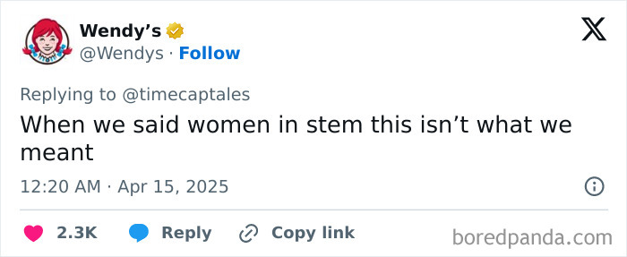Wendy's tweet responding to a Katy Perry comment with humor, referencing "women in stem," gathering significant reactions. Wendy's tweet responding to a Katy Perry comment with humor, referencing "women in stem," gathering significant reactions.