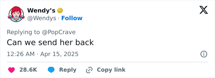 Tweet from Wendy's mocking Katy Perry, saying "Can we send her back," gaining massive support.