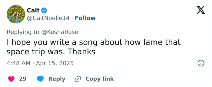 Tweet reply to Kesha mocking space trip, in context of Katy Perry support.