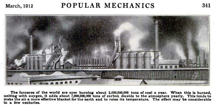 Popular Mechanics 1912 article predicting future climate impact from coal and carbon dioxide emissions.