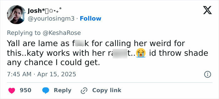 Tweet showing support for Katy Perry after remarks by Wendy's and Ke$ha.