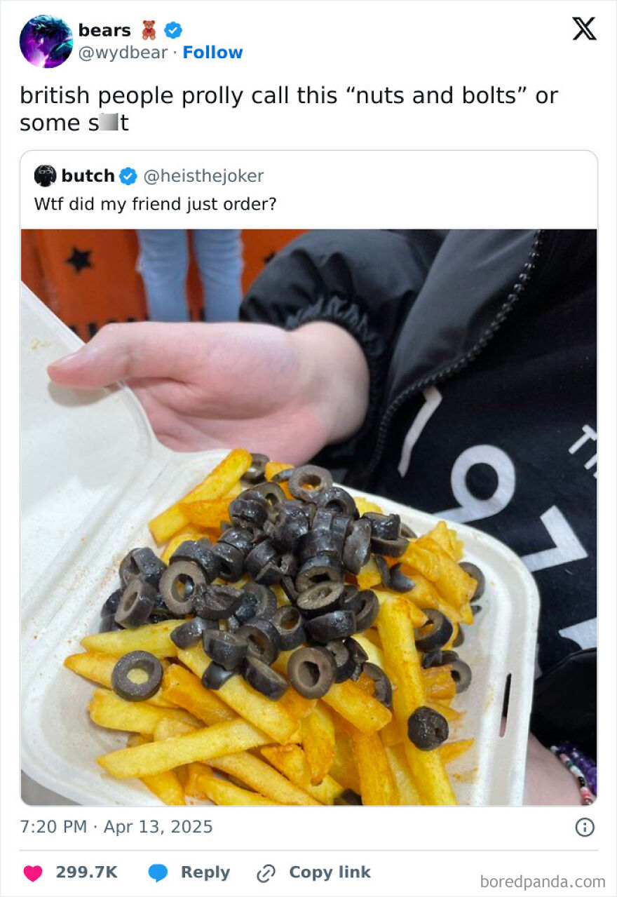 Fast food dish of fries topped with black olives, shared as a funny meme on social media.