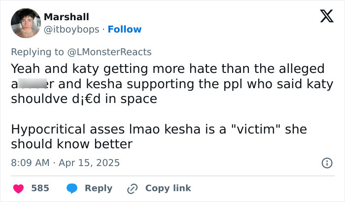 Social media post supporting Katy Perry after criticism from Wendy's and Ke$ha.