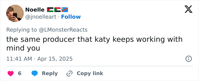 Tweet supporting Katy Perry amid controversy with mention of a producer collaboration.