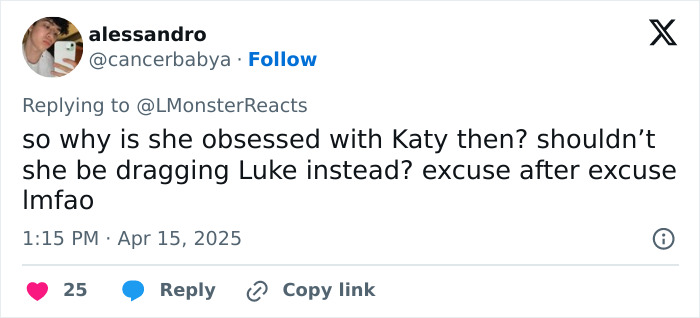 Tweet expressing massive support for Katy Perry, questioning obsession with her and suggesting blame on another.