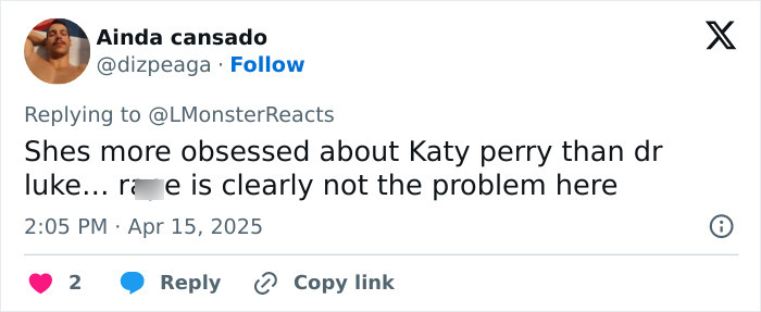 A tweet supporting Katy Perry amidst criticism, with user comments on obsession and controversy.